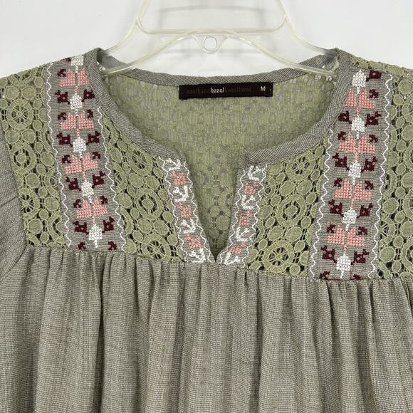 Azel Hazel Hazel Haze Boho Crop Top Green Lace Embroidered 3/4 Sleeve Size M - Picture 2 of 9
